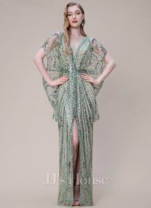 V-Neck Batwing Sleeve Beaded Sequins 1920s Inspired Evening Dress