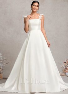 A-line Square Straight Chapel Train Satin Lace Wedding Dress