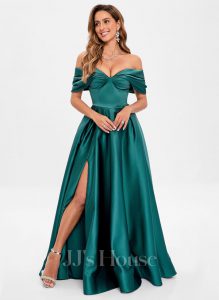 A-line Off the Shoulder Floor-Length Satin Prom Dresses With Pleated